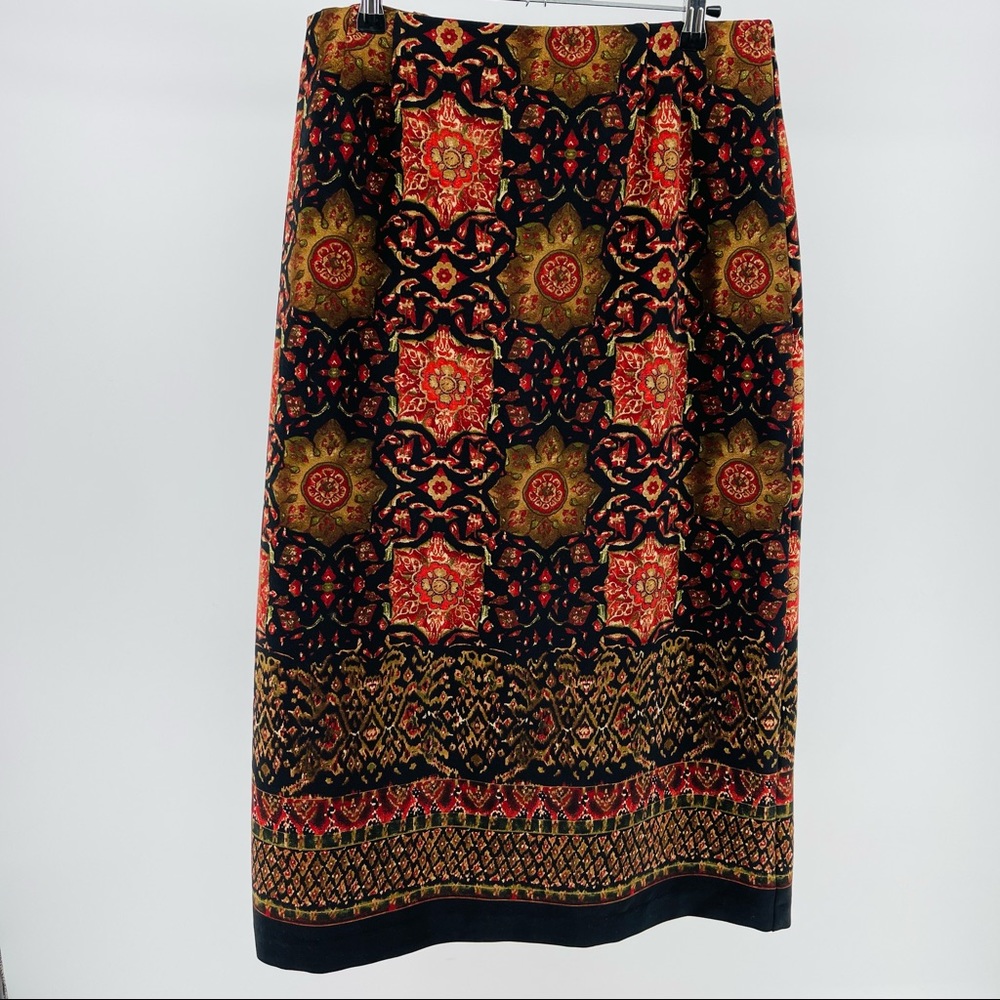 Boho Medallion/Floral Print Midi Skirt, Back Zip, Women’s 12P